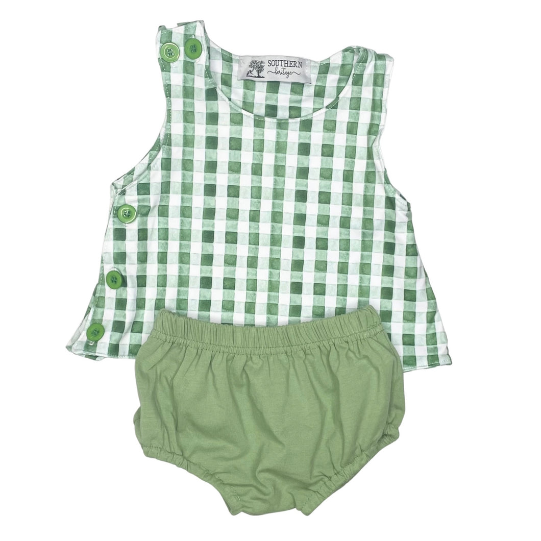 Sage Watercolor Gingham Bloomer Set (RTS)