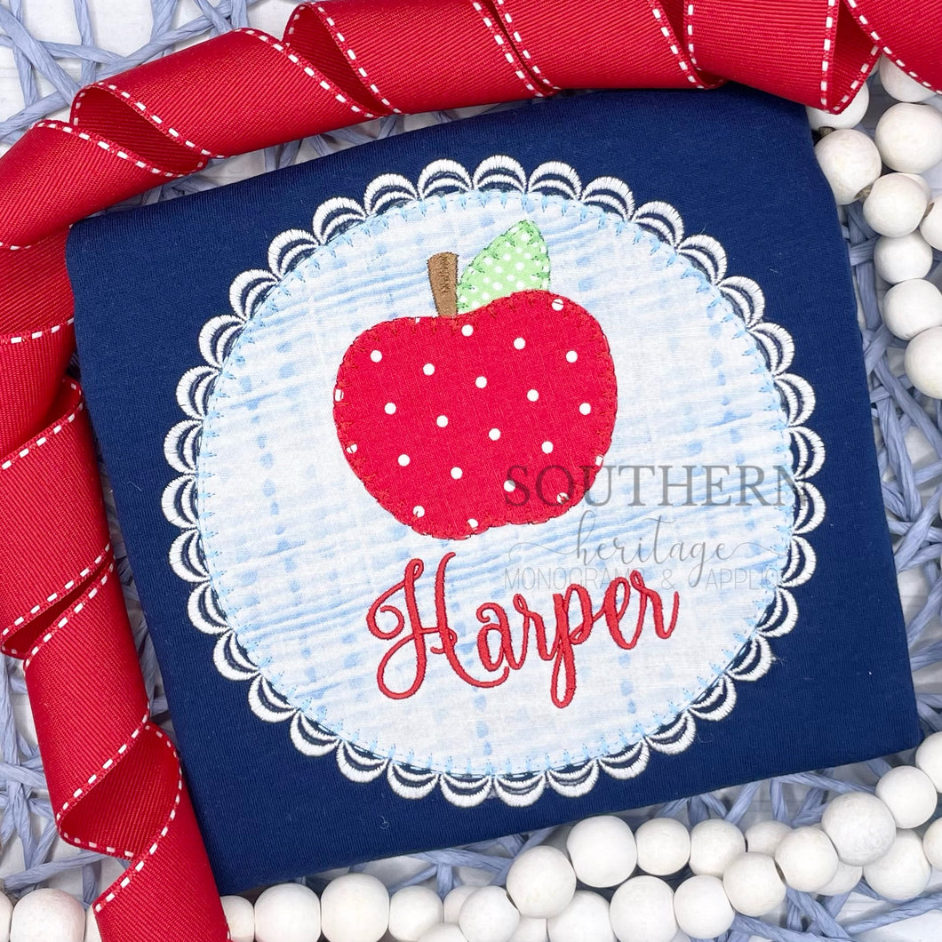 Back To School Girls Personalized Scallop Apple Circle