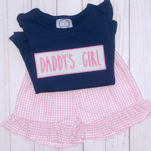 Daddys Girl Navy ruffle shirt w/pink windowpane shorts